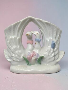 White vintage Swan Couple Figurine porcelain double swan miniature bud vase,